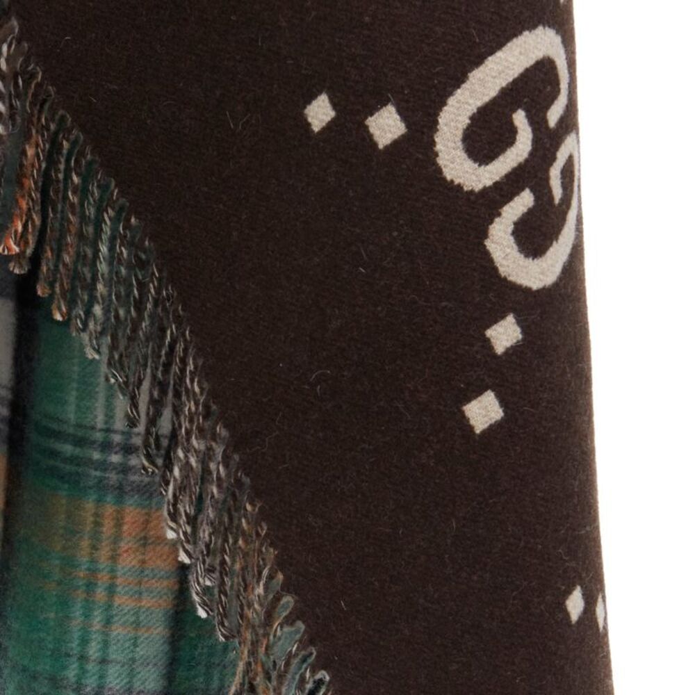 Gucci 100% wool green red plaid tartan brown GG monogram blanket scarf - Picture 8 of 10